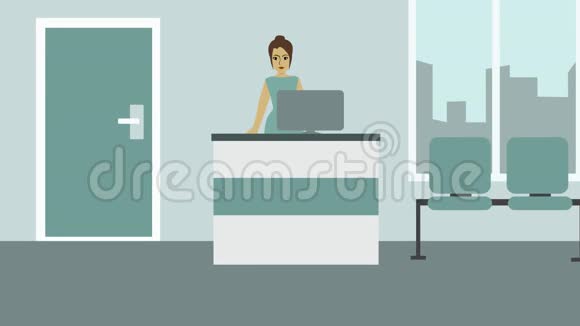 2D动画站在接待处的接待员的肖像放大女人挥手微笑放大视频的预览图