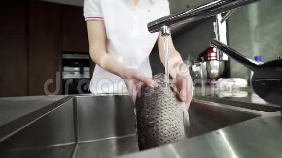 厨师切割和腌制鱼鱼餐饮食制作鱼碟的过程视频的预览图