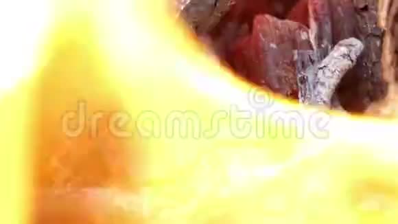 红色黄色和橙色的火焰在燃烧的木炭在沼泽视频的预览图