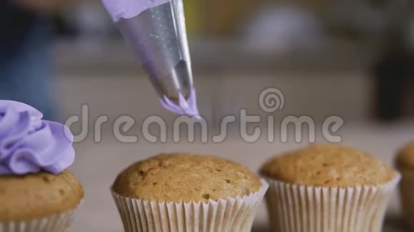 用紫色奶油装饰纸杯蛋糕有烹饪袋糖果做松饼视频的预览图