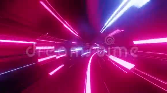 带霓虹灯的4k环形抽象高科技隧道摄像机飞过隧道紫色霓虹灯闪烁科幻小说视频的预览图