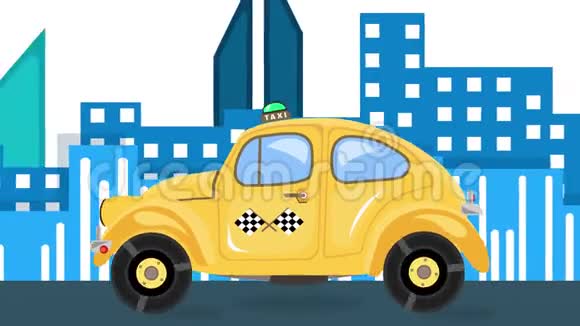 出租车汽车动画对城市景观背景的白天时间黄色汽车在街上行驶快速弹跳汽车视频的预览图