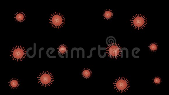 许多冠状病毒细菌在黑色背景上飞行作为一个大的红色Covid19号出现2d动画视频的预览图