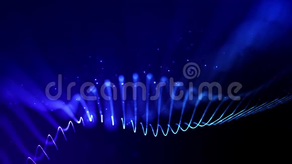 4k循环科幻粒子背景与波克和光效应发光的蓝色粒子形成线表面视频的预览图