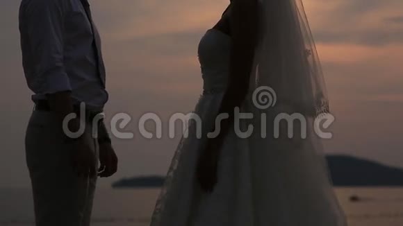 日落时分新婚夫妇的剪影婚礼视频的预览图