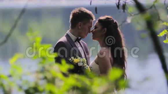 新婚夫妇在河码头接吻视频的预览图