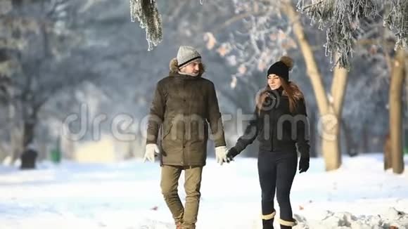 在美妙的冬天情侣在雪地公园散步视频的预览图