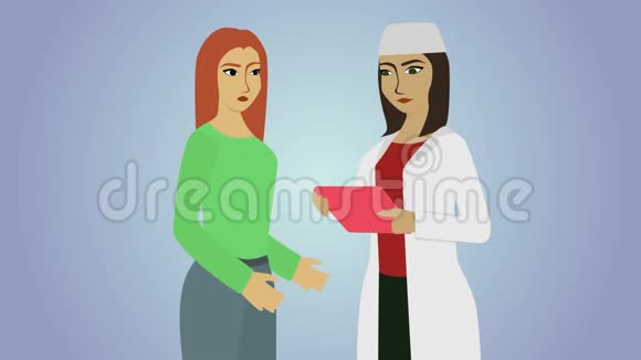 2D动画年轻的白种人女人与穿着白色工作长袍的女医生交谈两个蓝灰色背景的女人视频的预览图