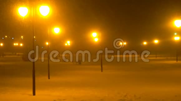 雪上公园夜晚有长凳和灯光下雪下雪视频的预览图