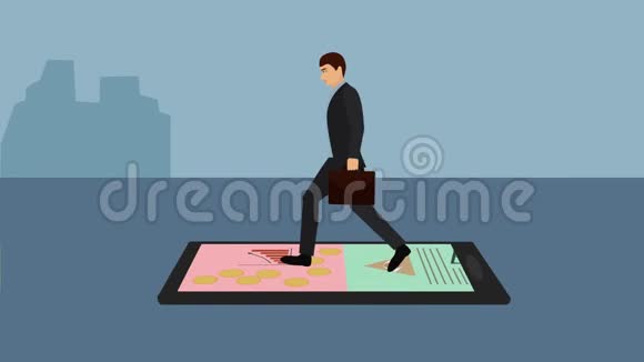 2D动画男性白种人商人西装走在智能手机上城市建筑出现在背景上全球视频的预览图