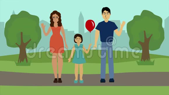2D动画年轻快乐的日本家庭站在公园里对着镜头挥手微笑与父亲共度时光视频的预览图