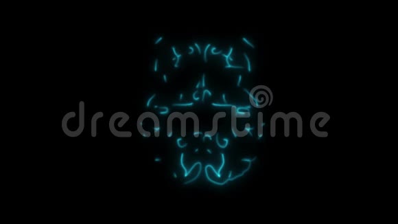2D动画片闪烁蓝色霓虹灯形成人脑结构显示黑色神经网络的燃烧线视频的预览图