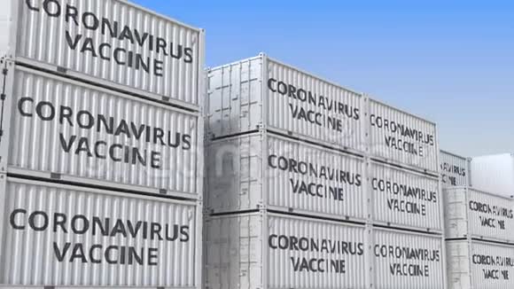 许多装有冠状病毒疫苗的货物集装箱循环三维动画视频的预览图