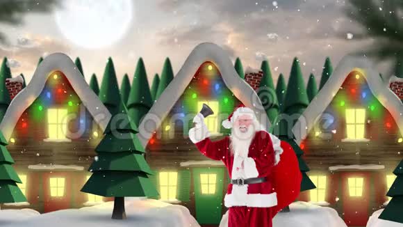 圣诞老人条款在装饰好的房子前面在冬天的风景和下着雪视频的预览图