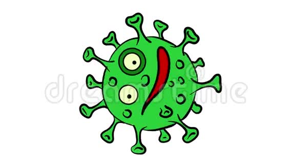 一种绿色怪物冠状病毒的手绘动画流感病毒危险大流行的概念4k视频的预览图