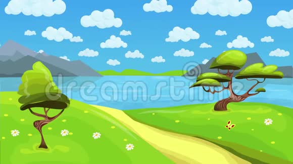 空中有云的动画童话湖景卡通景观背景无缝循环平面动画视频的预览图