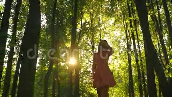 穿着粉红色连衣裙的瘦长黑发女孩在森林里镜头前散步Stadicam剪辑视频的预览图