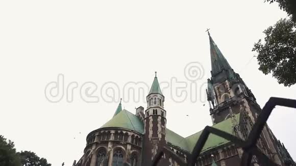 鸽子从欧洲古城华丽的哥特式大教堂飞来视频的预览图