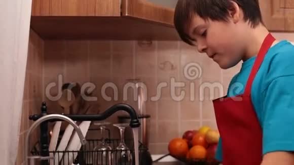 小男孩在厨房的水槽里洗盘子视频的预览图