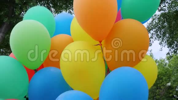 彩色氦气球节日色彩鲜艳的气球相关束在轻风吹拂下摇摆假日视频的预览图