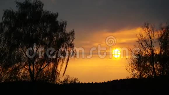 春天的日落时间与戏剧性的云橙色的颜色和树的轮廓视频的预览图