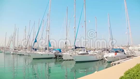 游艇俱乐部美妙的早晨在价港停着的游艇在海浪中摇摆帆船停在海边视频的预览图