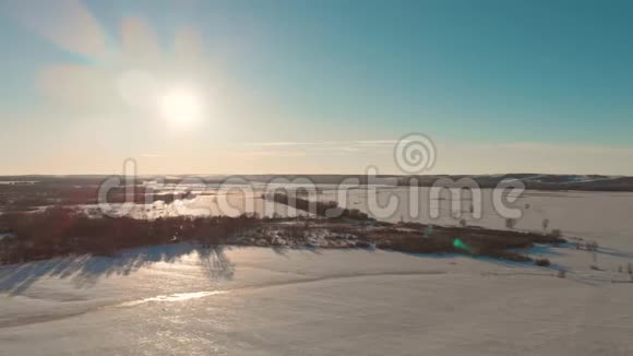 日落背景下冬季森林的鸟瞰图视频的预览图