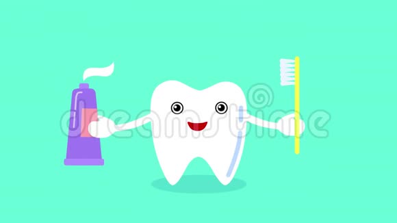 牙齿用牙刷和牙膏咖啡循环卡通动画有趣的脸视频包括绿色屏幕4K视频的预览图