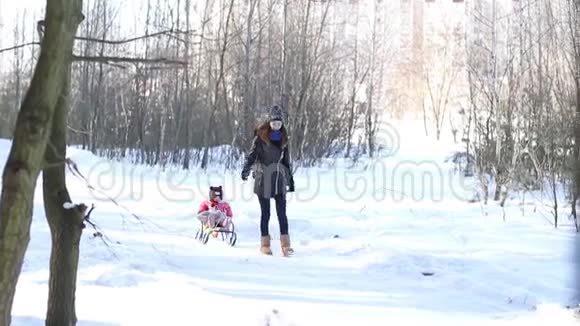 一位年轻的母亲用雪橇载着她的女儿视频的预览图