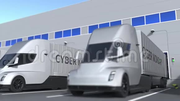 现代半挂车卡车与CYBER星期一文本加载或卸载在仓库循环三维动画视频的预览图