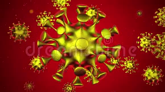 冠状病毒动画3D片段纹理在形式上随机移动金球病毒在红色背景阿尔法通道视频的预览图