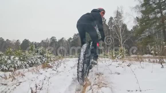 专业的极限运动员自行车站在户外一辆胖自行车骑自行车者在冬天的雪林中退缩男人走路视频的预览图