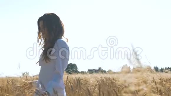 一个穿着白色连衣裙的女人带着小麦沿着田野走着动作缓慢视频的预览图