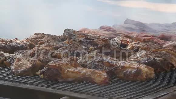 牛鸡烤架上烤的肉和阿根廷美食的典型猪肉视频的预览图