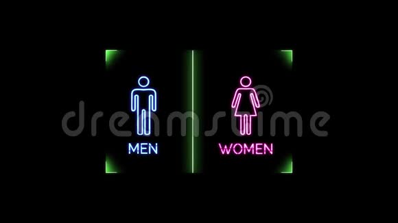 霓虹灯闪烁的厕所标志与蓝色男人和粉红色女人的标志在黑色背景视频的预览图