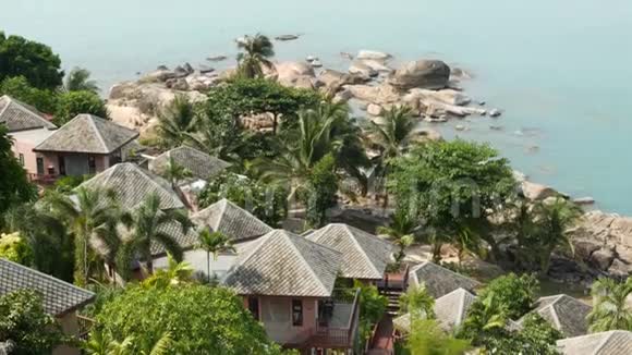 海滨的平房和棕榈树位于热带度假胜地平静海面上的别墅和绿棕榈屋顶视频的预览图