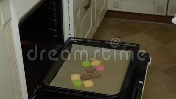 关闭放大手持年轻的白种人女孩把饼干从烤箱放到白板上家里做的饼干室内厨房视频的预览图