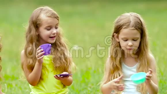 快乐健康的孩子们在草地上玩得很开心慢动作关门视频的预览图