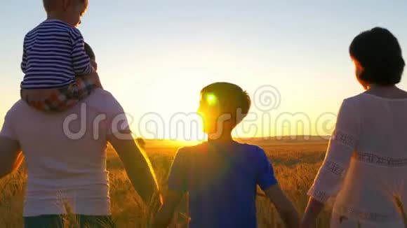 幸福的家庭爸爸妈妈和两个儿子在麦田里散步看日落视频的预览图