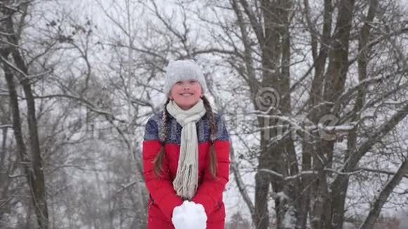 孩子们冬天在公园玩圣诞假期快乐的女孩用手在森林里扔雪雪视频的预览图