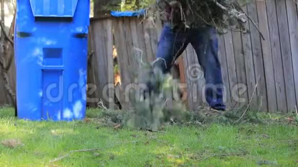 房主用耙子1清理院子里掉落的树枝视频的预览图