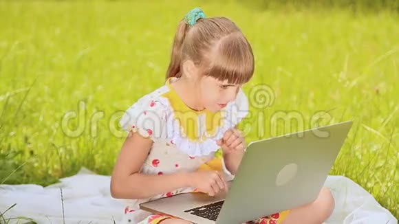 女孩在草地上的笔记本上视频的预览图