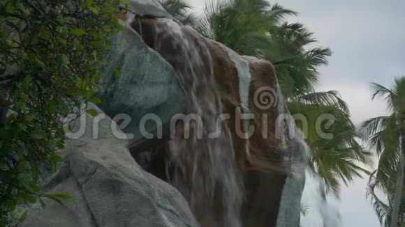 喷泉特写背景中有棕榈树视频的预览图