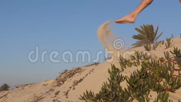 北非突尼斯撒哈拉沙漠沙丘上踢沙子的男腿视频的预览图