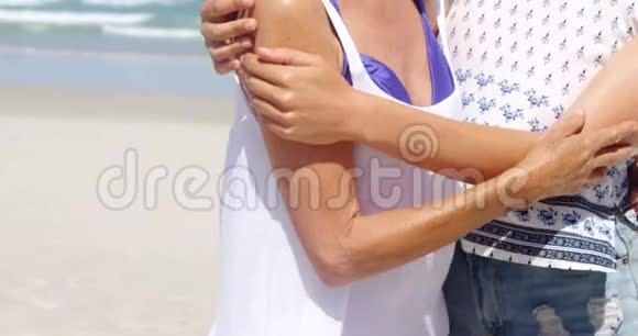 可爱的女儿在海滩上亲吻她的母亲视频的预览图