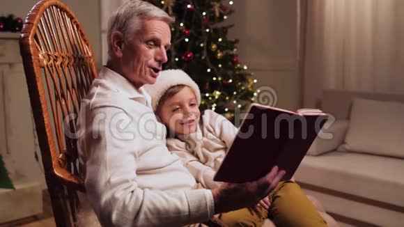 可爱的老人和他的小孙子一起看书视频的预览图