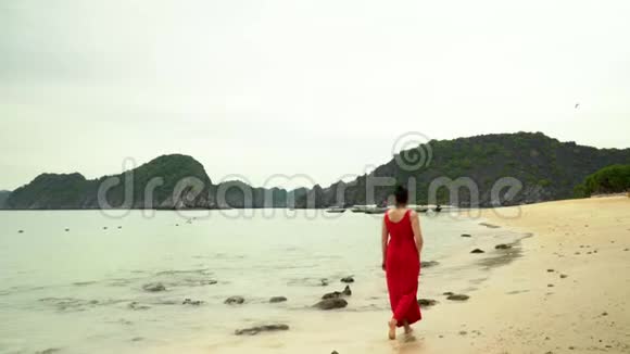 那个穿红色衣服的女人走在岛上的海岸上后景海洋冲浪热带岛屿腿上的痕迹视频的预览图