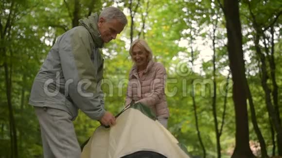 快乐的老夫妇在树林里搭帐篷视频的预览图