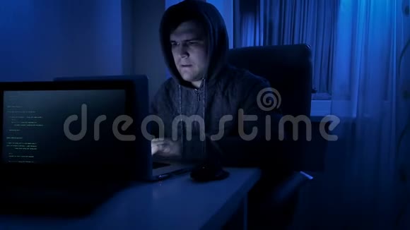 4K录像显示戴着兜帽的人晚上在家里用笔记本电脑工作视频的预览图