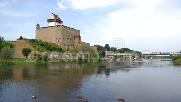 纳瓦河爱沙尼亚河岸上的赫尔曼城堡爱沙尼亚和俄罗斯的边界视频的预览图